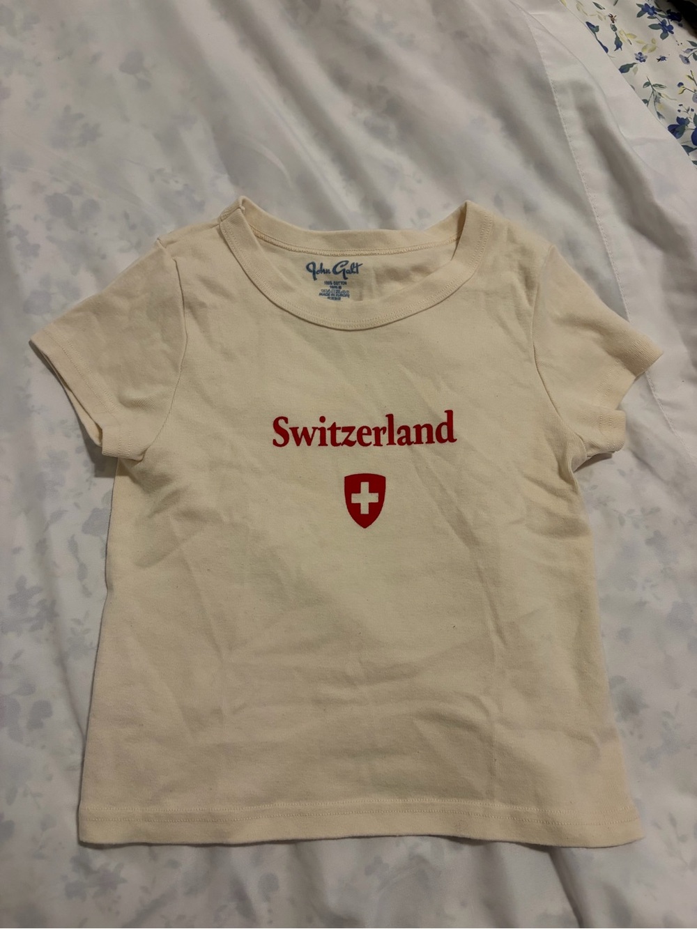 Brandy Melville Cream Tee with Red Switzerland Logo